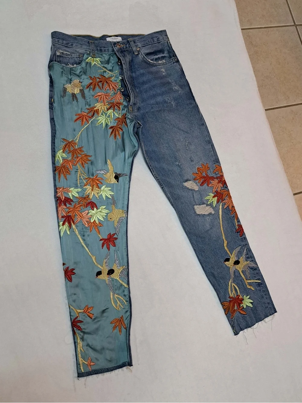 Zara Premium High-waist Cropped Denim and Satin Embroidery Panel Jeans